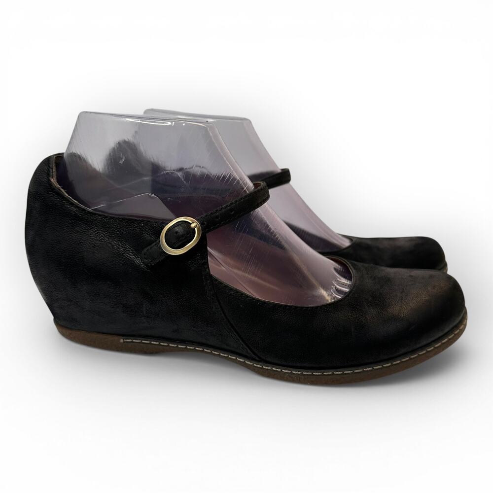 Dansko Womens 37 7 Loralie Mary Jane Black Burnished Nubuck Leather Wedge Heel